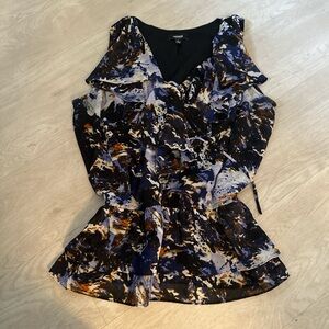 Premier Navy, Brown & White Ruffle V-Neck Sleeveless Blouse